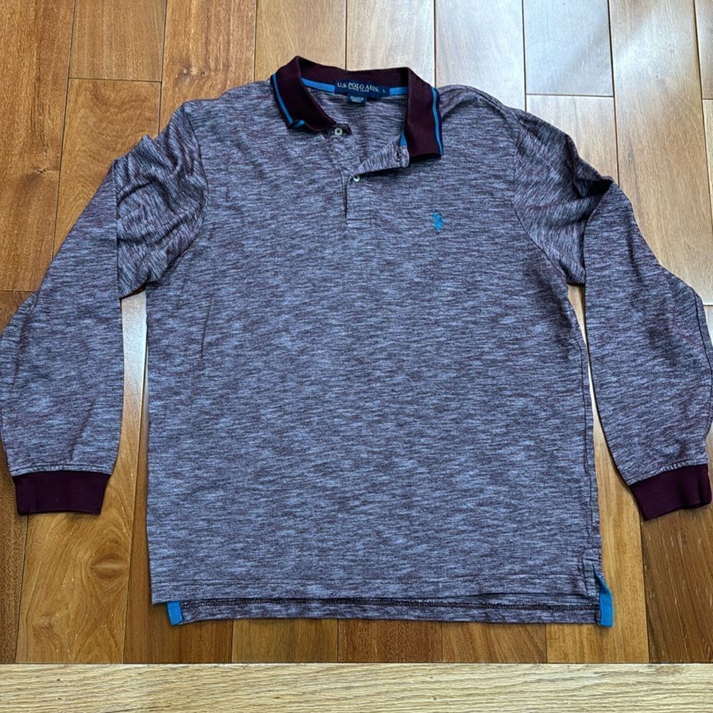 U.S. Polo Assn Polo Shirt Mens Burgundy Space Dye Long Sleeve Teal Logo Large